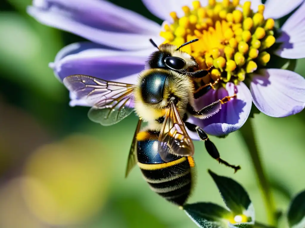 Un abeja cubierta de polen amarillo vibrante, poliniza una flor morada en un jardín urbano soleado, ilustrando la polinización en huertos urbanos