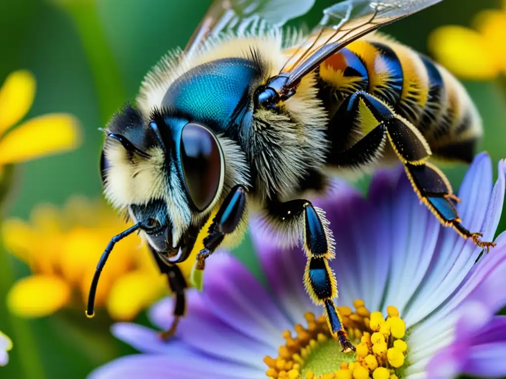 Una abeja cubierta de polen amarillo vibrante revolotea sobre un jardín comunitario urbano, rodeada de flores silvestres