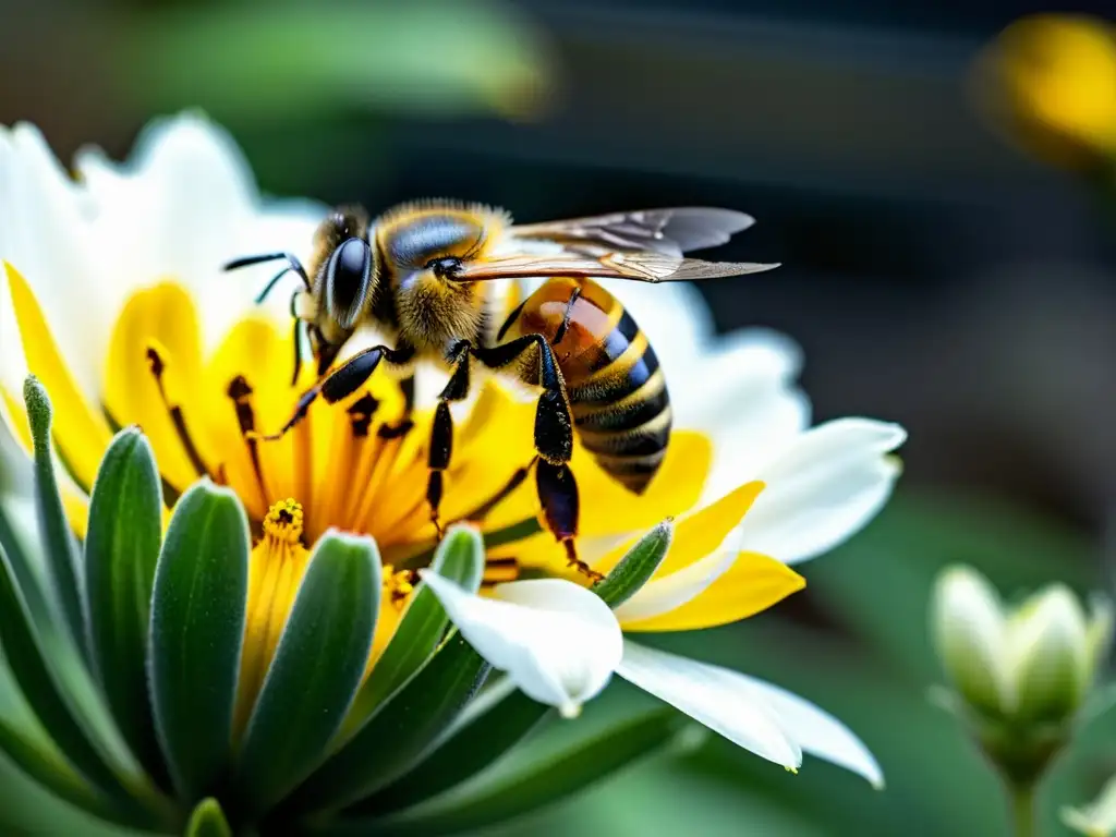 Una abeja cubierta de polen amarillo vibrante, polinización en huertos verticales urbanos