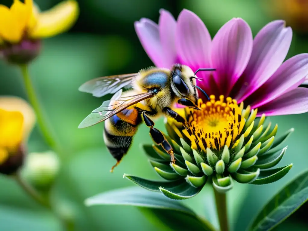 Una abeja cubierta de polen amarillo vibrante vuela sobre una flor rosa en un huerto urbano exuberante