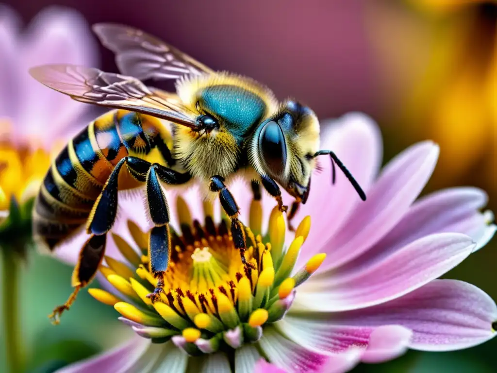 Polinizador urbano: Abeja cubierta de polen sobre flor rosa Una abeja cubierta de polen amarillo vibrante sobre una delicada flor rosa, con detalles visibles de su estambre y pistilo