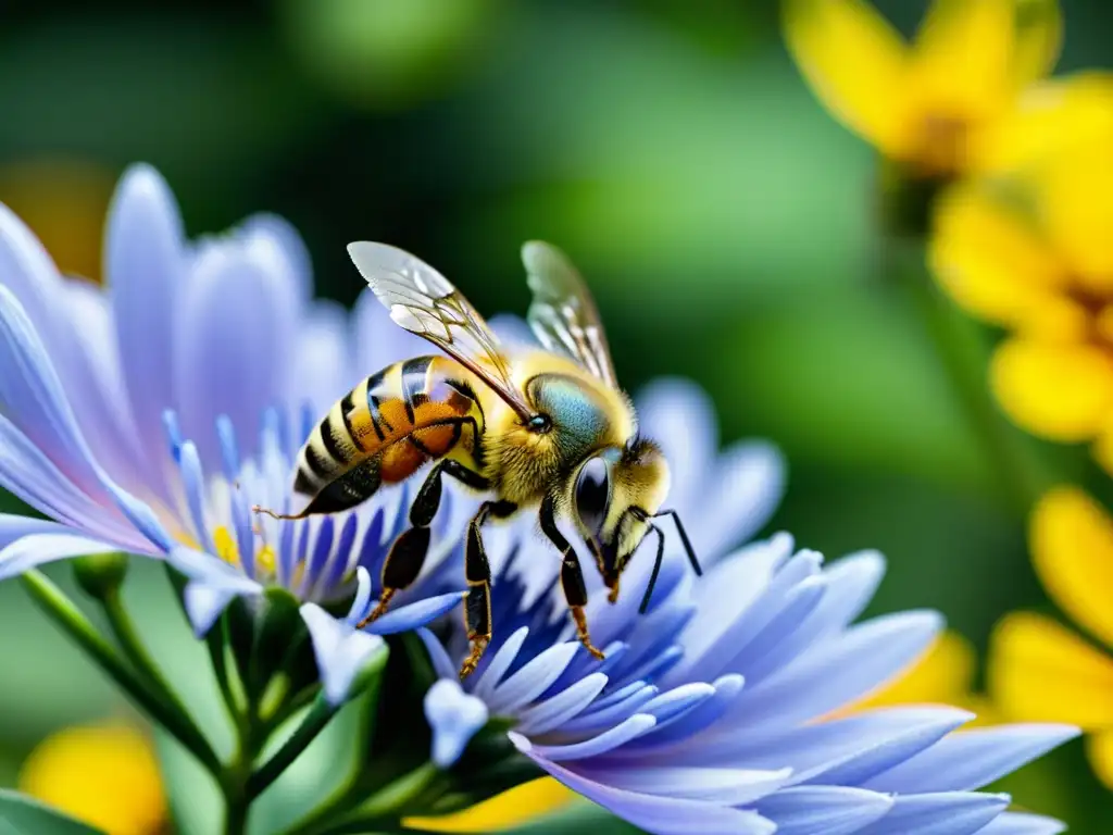 Una abeja cubierta de polen amarillo vuela en un jardín vertical urbano, mostrando la polinización en huertos verticales urbanos