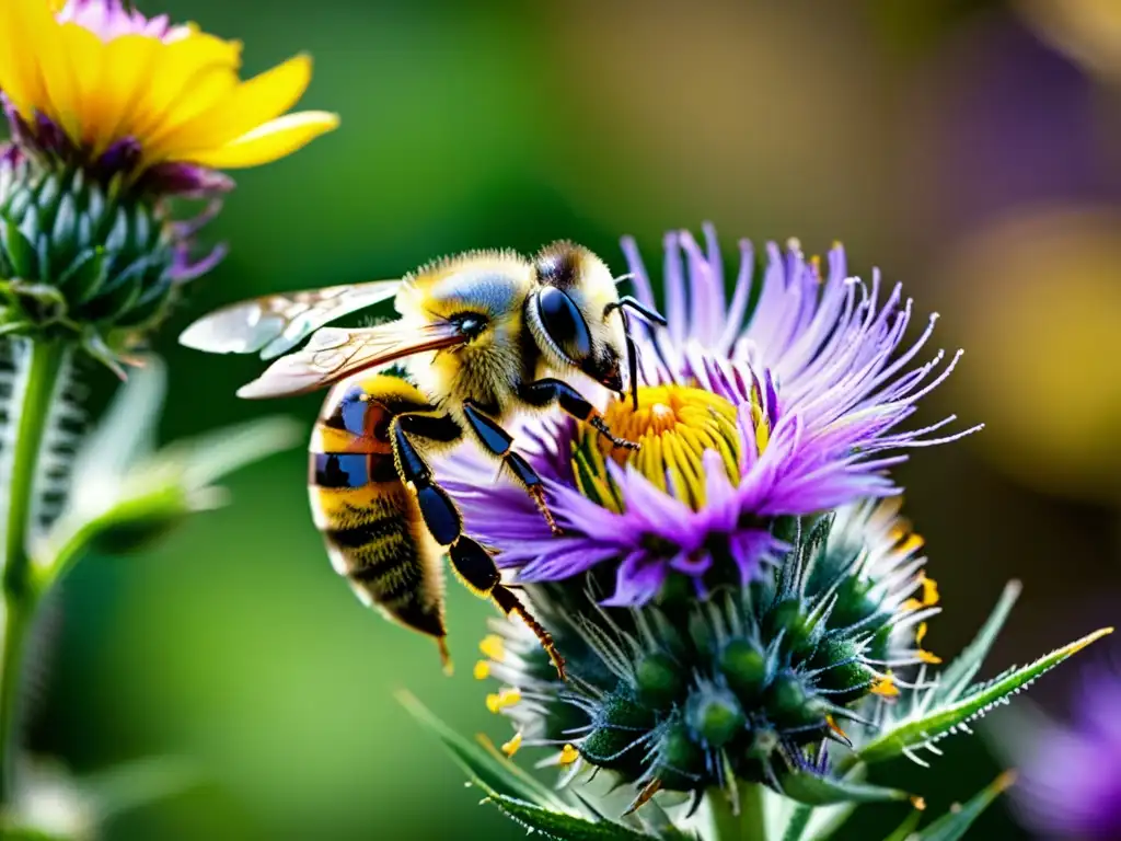 Una abeja cubierta de polen amarillo vibrante revolotea sobre una flor morada mientras se muestra la polinización cruzada en huertos urbanos