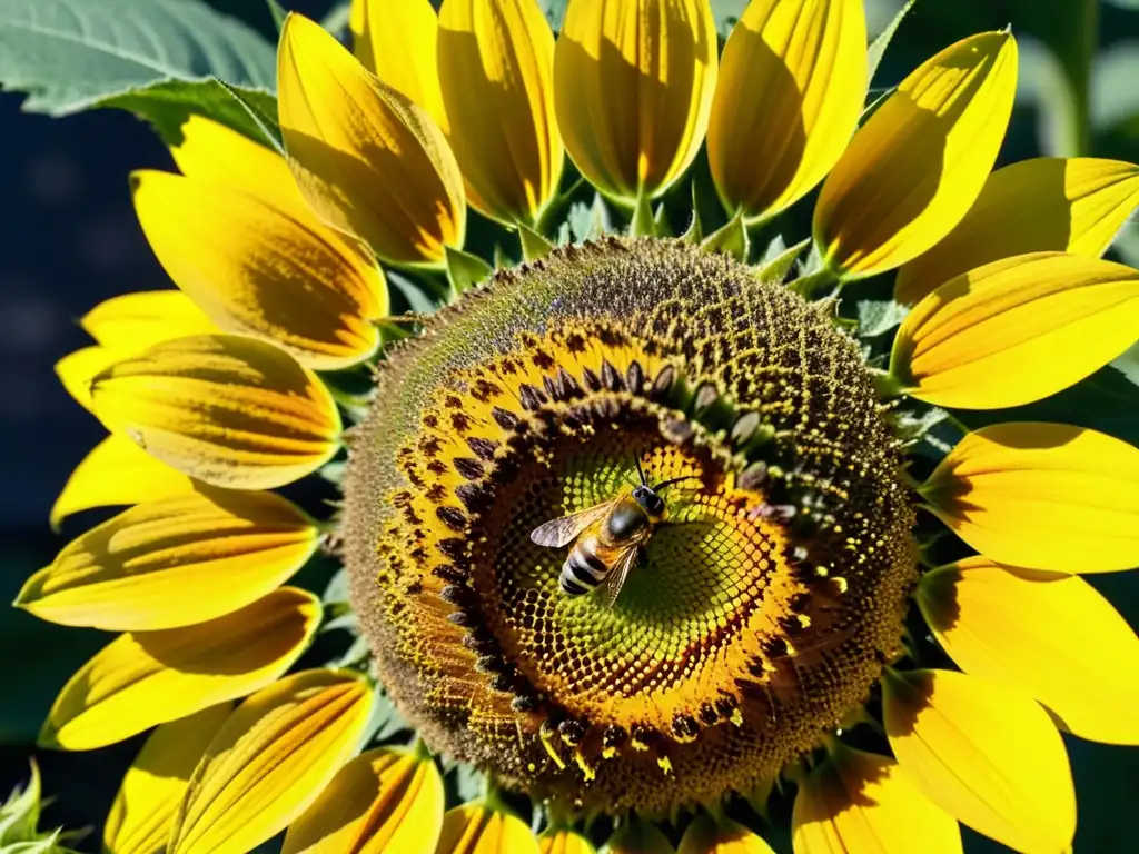 Una abeja cubierta de polen amarillo en una flor de girasol