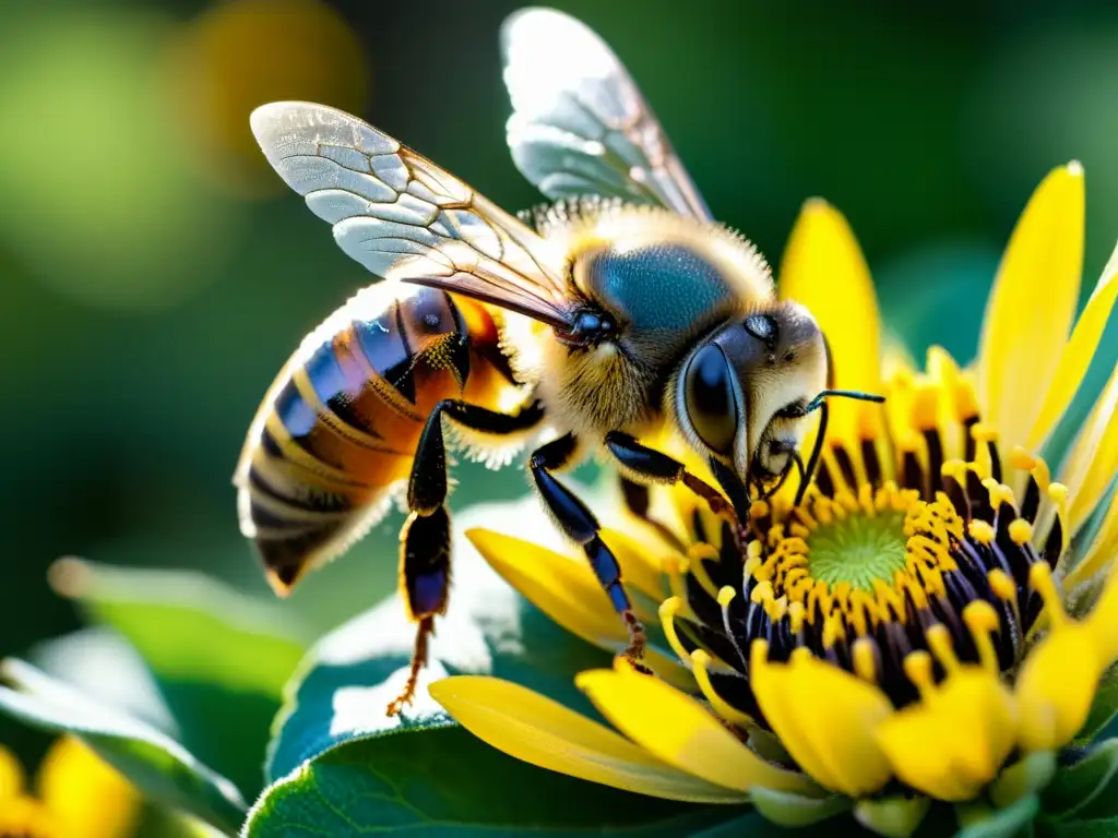 Una abeja cubierta de polen, detallada y cercana, en una flor vibrante con luz solar entre hojas verdes