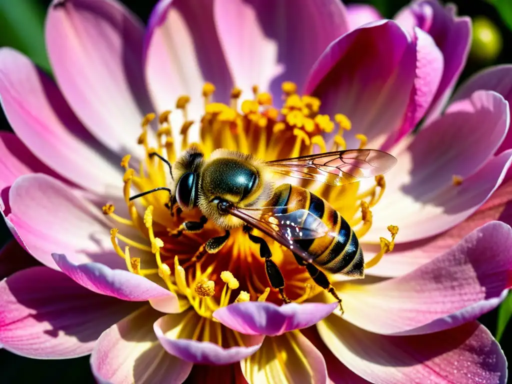 Una abeja cubierta de polen dorado sobre una peonía rosa, resaltando la importancia de la polinización en huertos verticales