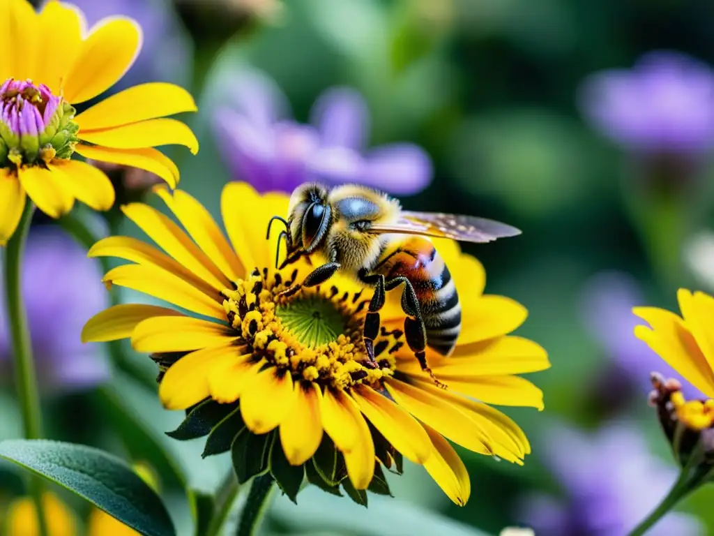 Una abeja cubierta de polen vuela hacia un exuberante jardín urbano