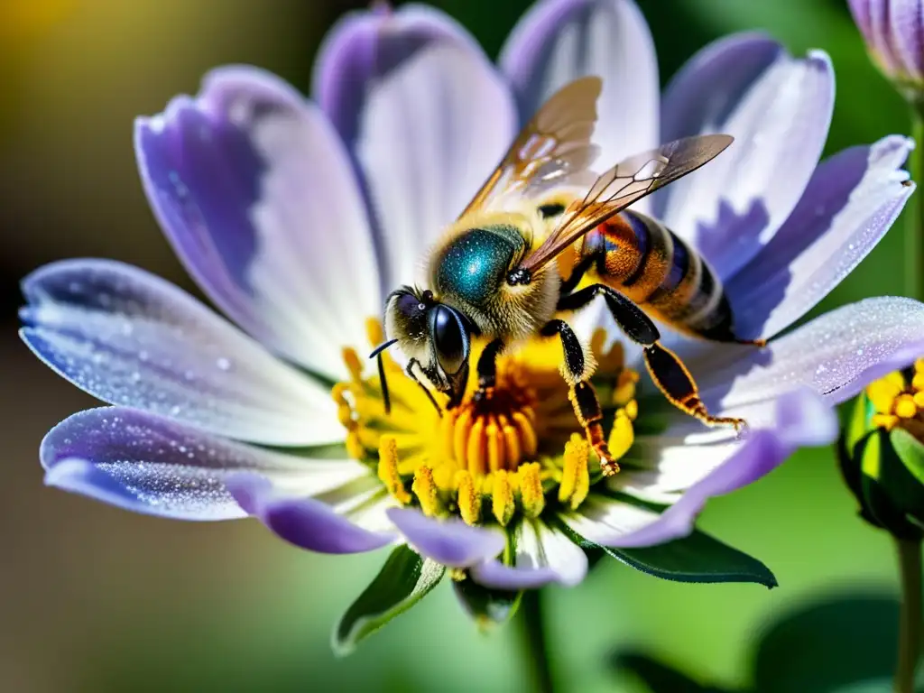 Una abeja cubierta de polen se posa sobre una flor vibrante en un jardín urbano, destacando las mejores plantas para huerto urbano