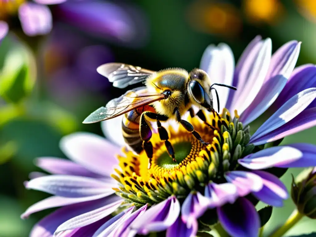 Una abeja cubierta de polen, revoloteando sobre una flor morada en un bullicioso jardín urbano