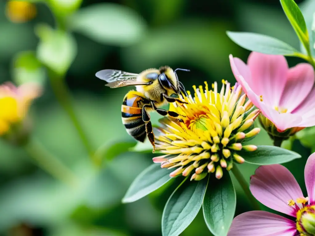 Una abeja cubierta de polen revolotea cerca de una flor rosa y amarilla en un huerto vertical