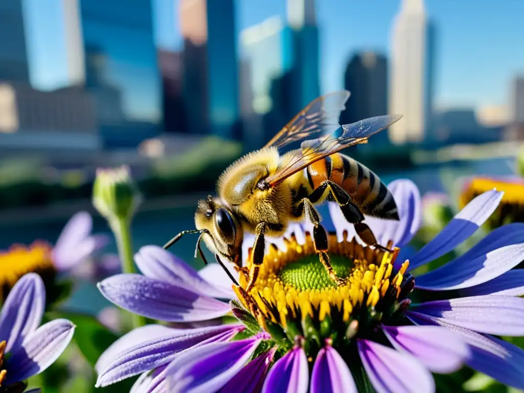 Una abeja cubierta de polen, revoloteando sobre una flor morada vibrante ante el telón de fondo de una ciudad moderna