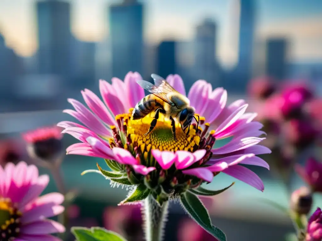 Una abeja cubierta de polen revolotea sobre una flor rosa vibrante, con la ciudad de fondo