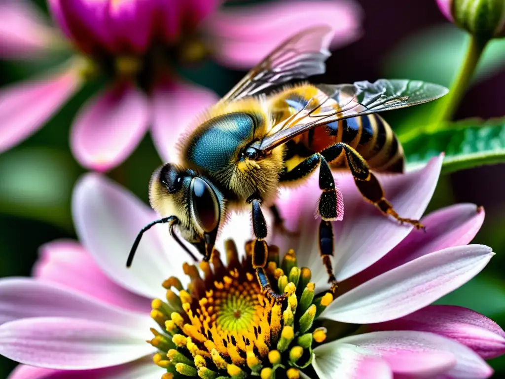 Una abeja cubierta de polen en una flor rosa vibrante en un huerto urbano vertical