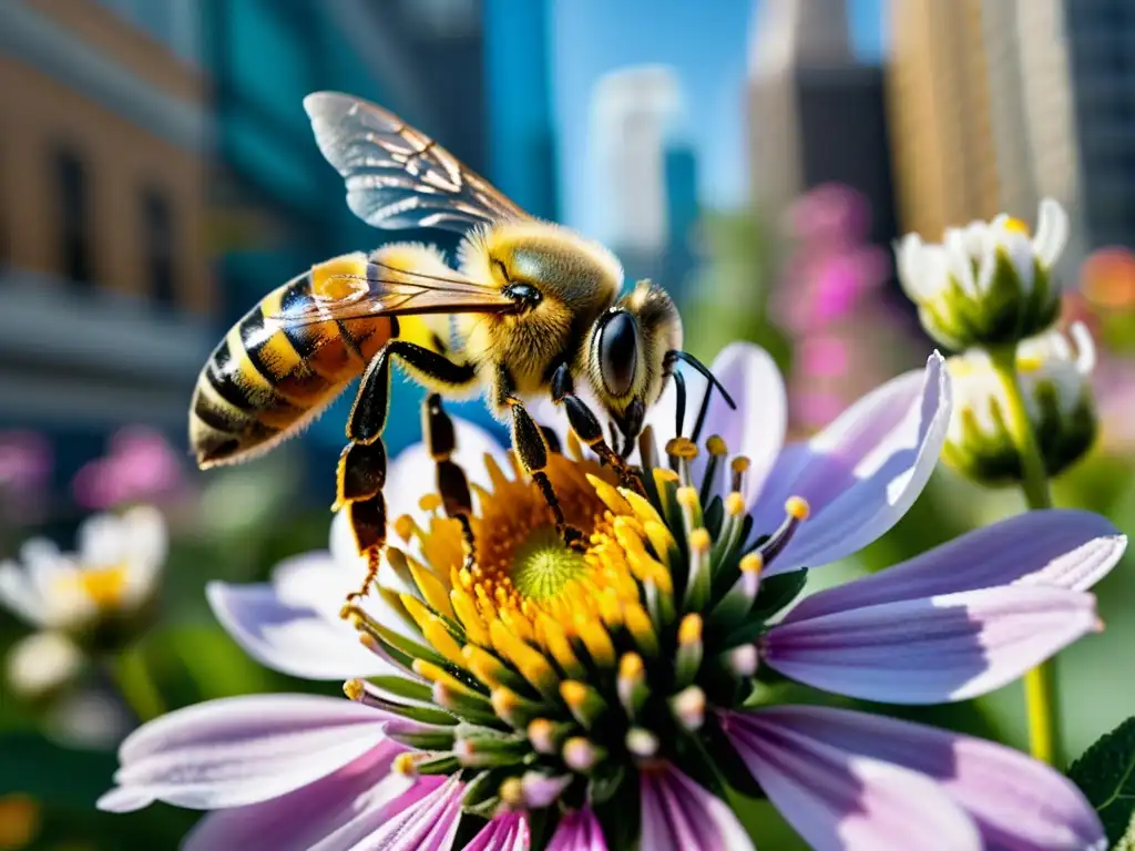 Polinizador urbano: abeja cubierta de polen sobre flor vibrante Una abeja cubierta de polen sobre una flor vibrante en jardín urbano