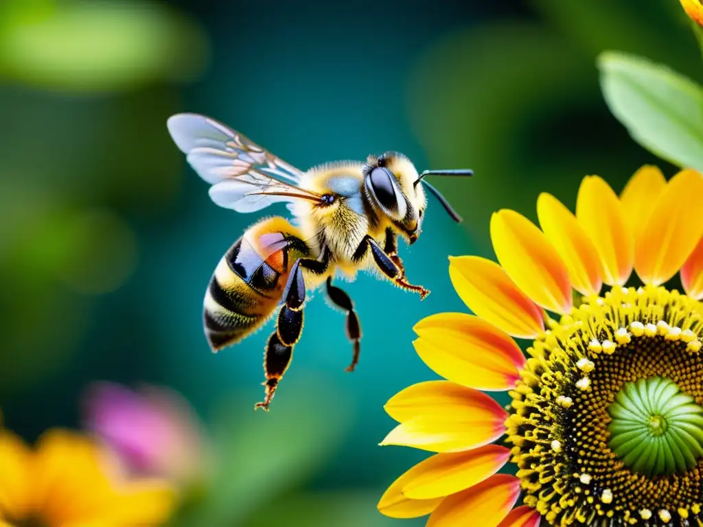 Una abeja cubierta de polen vuela hacia una flor en un jardín vertical urbano, destacando la polinización en huertos verticales urbanos