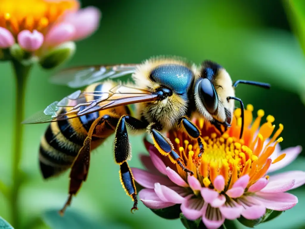 Una abeja cubierta de polen naranja sobre una flor rosa en un huerto urbano, resaltando el impacto de los fertilizantes orgánicos en la polinización