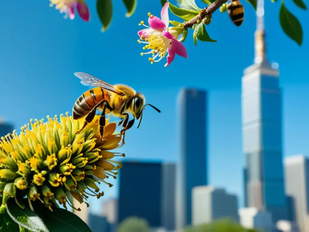 Una abeja cubierta de polen vuela hacia un frondoso árbol frutal en un jardín urbano, resaltando la polinización en huertos urbanos