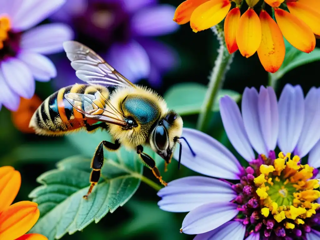 Una abeja cubierta de polen vuela sobre huertos urbanos mixtos, con colores vibrantes y polinización óptima en una bulliciosa ciudad