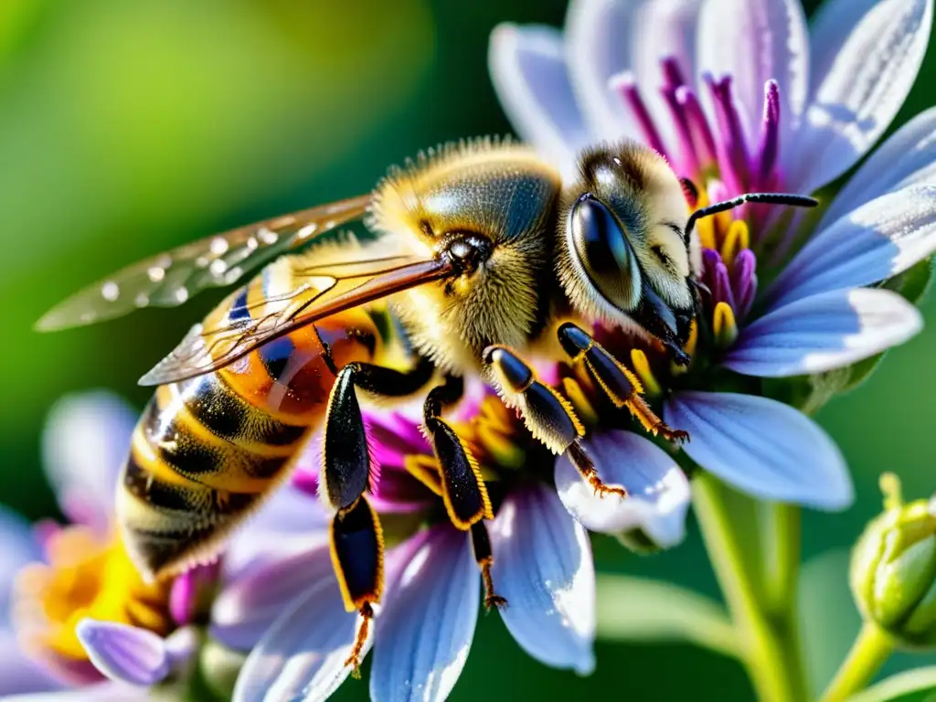 Una abeja cubierta de polen en pleno vuelo, entre flores vibrantes