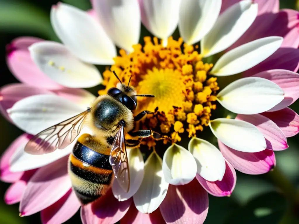 Una abeja cubierta de polen, posada en una flor vibrante, con alas extendidas