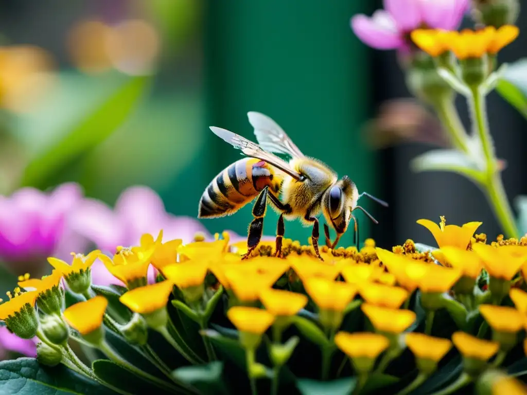 Una abeja cubierta de polen revolotea en un jardín vertical, resaltando la importancia de la polinización en huertos verticales