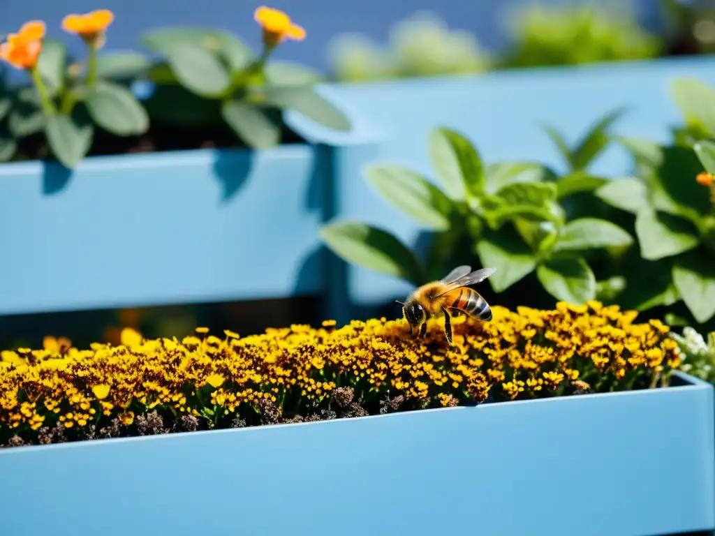 Una abeja cubierta de polen en un jardín vertical vibrante