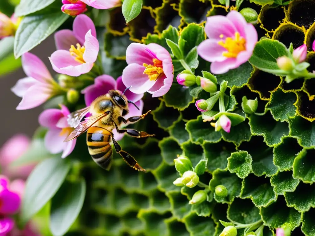 Una abeja cubierta de polen vuela sobre un jardín vertical urbano, llevando polen dorado