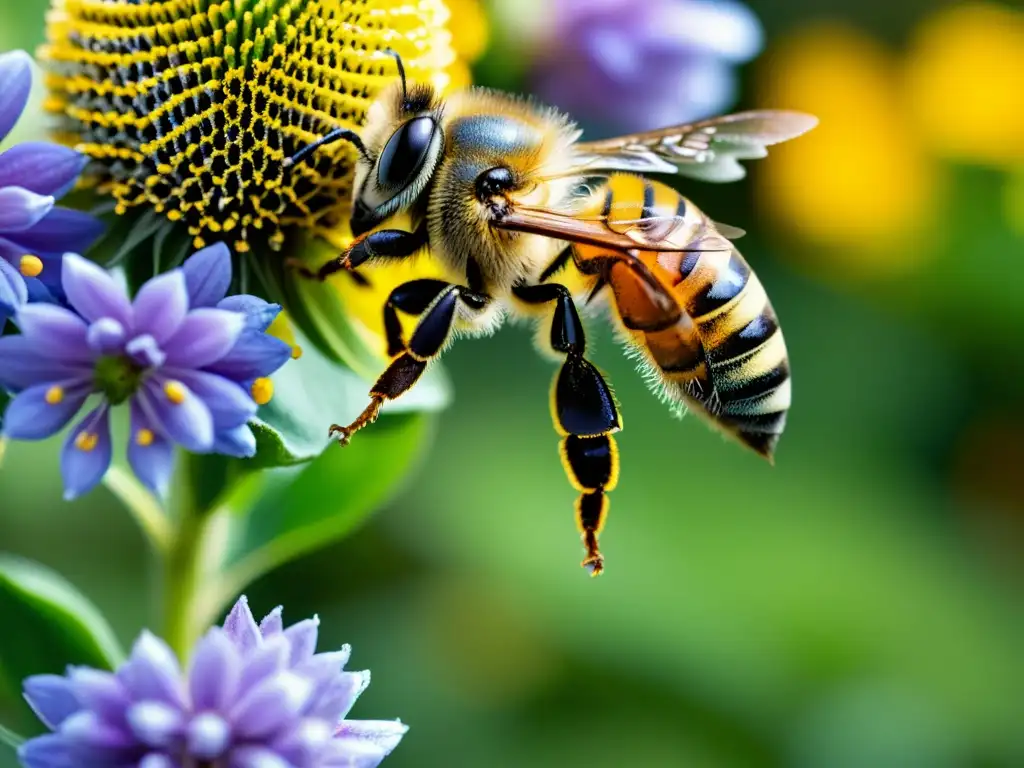 Una abeja cubierta de polen vuela hacia un vibrante jardín vertical