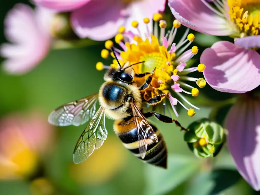 Una abeja cubierta de vibrante polen amarillo, revoloteando sobre una delicada flor rosa en un jardín exuberante