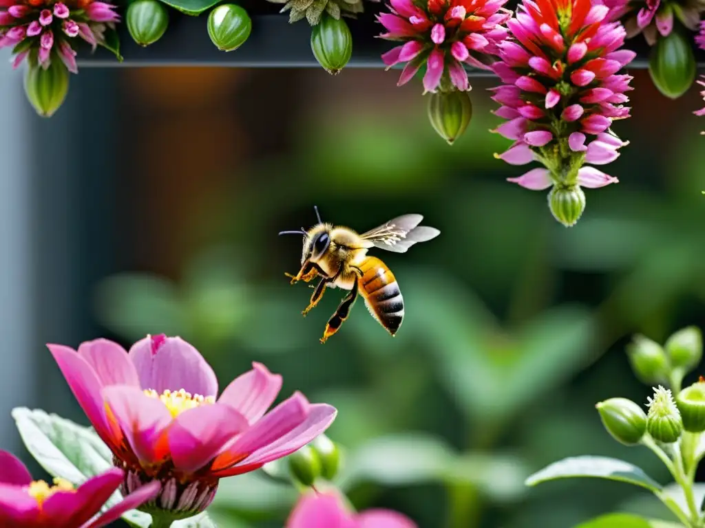 Una abeja recolectando néctar en un huerto vertical urbano, mostrando la sinergia entre la naturaleza y la ciudad