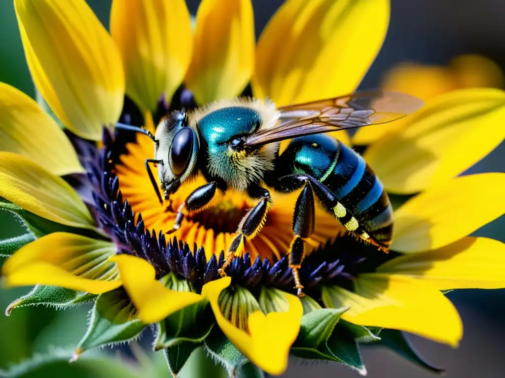 Una abeja nativa cubierta de polen en un girasol, simbolizando la polinización en huertos urbanos verticales