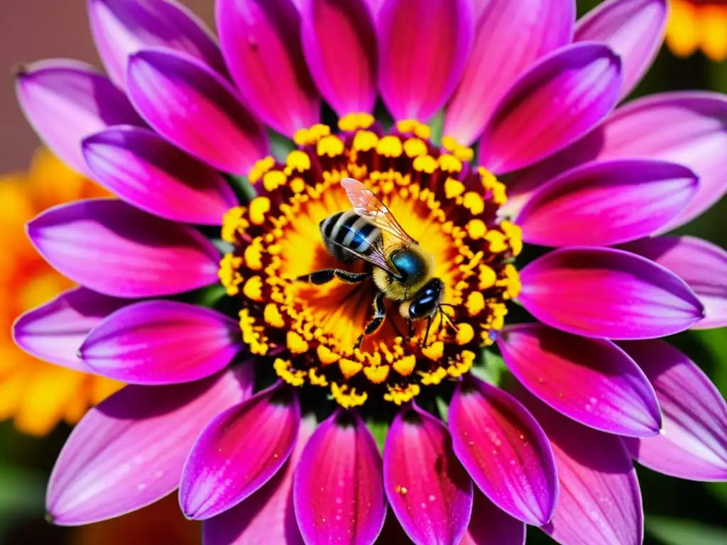 Una abeja ocupada recogiendo polen de una flor zinnia en un exuberante jardín urbano