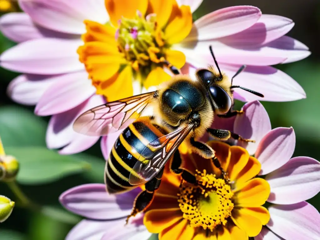 Una abeja recolectando polen de una flor en un huerto vertical, mostrando la importancia de la polinización en huertos verticales