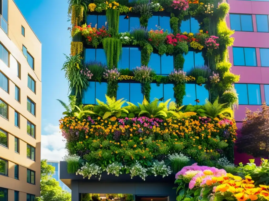 Atrayendo abejas y mariposas urbanas en un jardín vertical vibrante, lleno de flores coloridas en el corazón de la ciudad