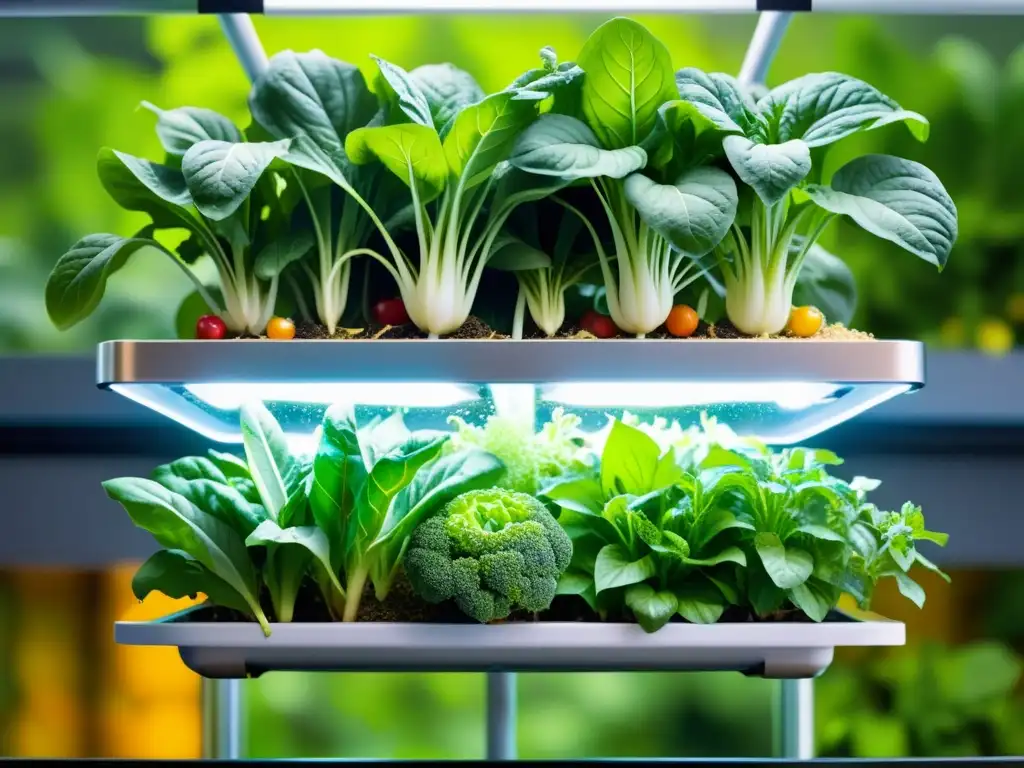 Abundancia de verduras frescas y frutas coloridas en un sistema de acuaponía, destacando los beneficios de verduras de acuaponía