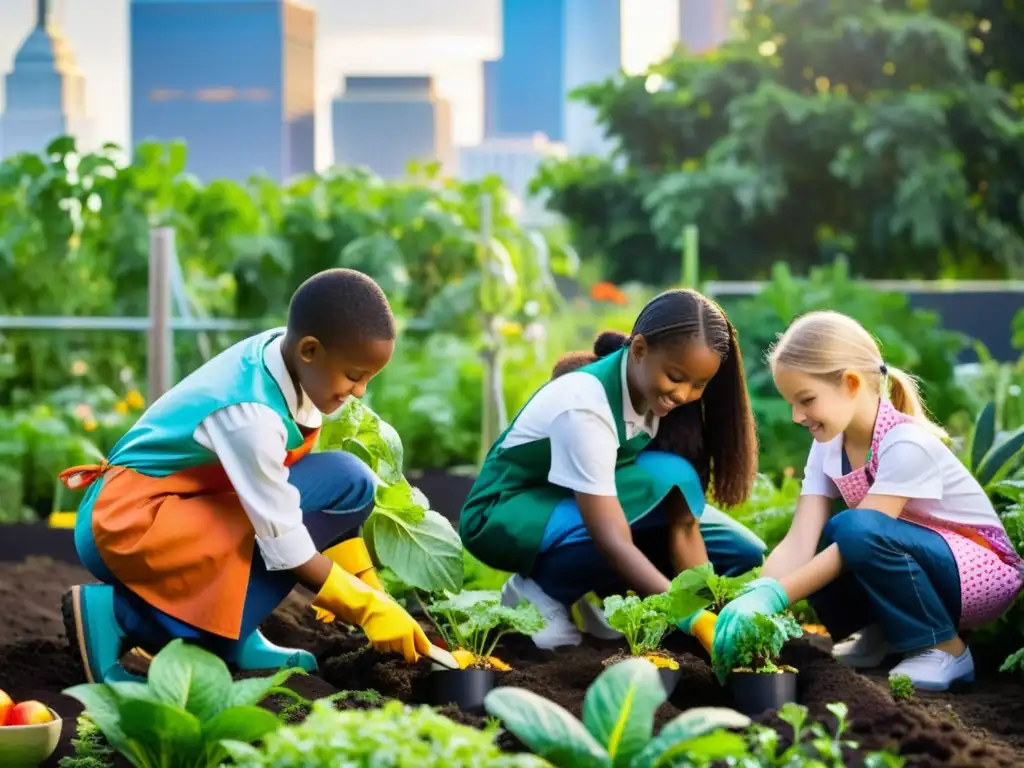 Actividades escolares huertos urbanos: Niños cuidan plantas en un jardín urbano vibrante, con la ciudad de fondo