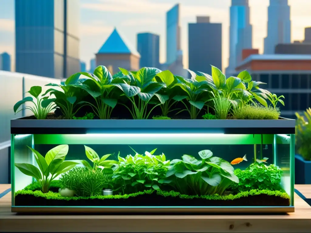 Acuaponía en agricultura urbana: una imagen futurista de armonía entre naturaleza y tecnología en un sistema de acuaponía en la azotea de la ciudad