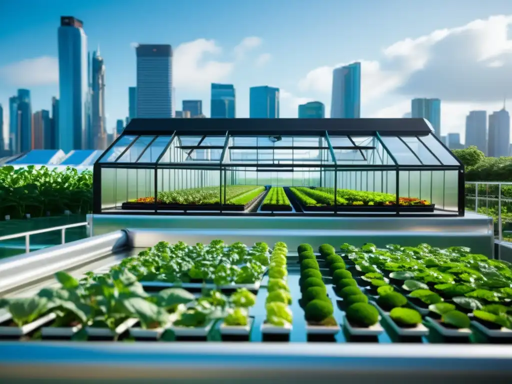 Innovadora agricultura urbana acuapónica en un invernadero futurista Acuaponía en la agricultura urbana moderna: impresionante invernadero futurista integrado con la ciudad y sistemas avanzados