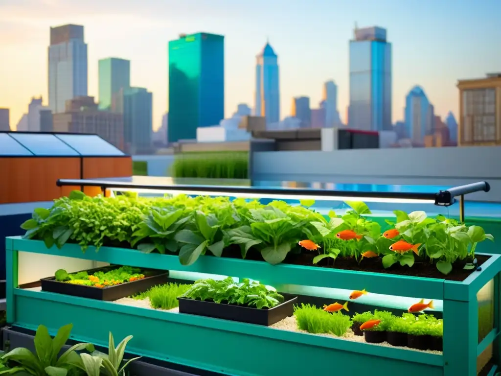 Acuaponía en agricultura urbana: moderno sistema de acuaponía en la azotea urbana, con peces coloridos nadando entre exuberante vegetación, en contraste con el bullicio de la ciudad