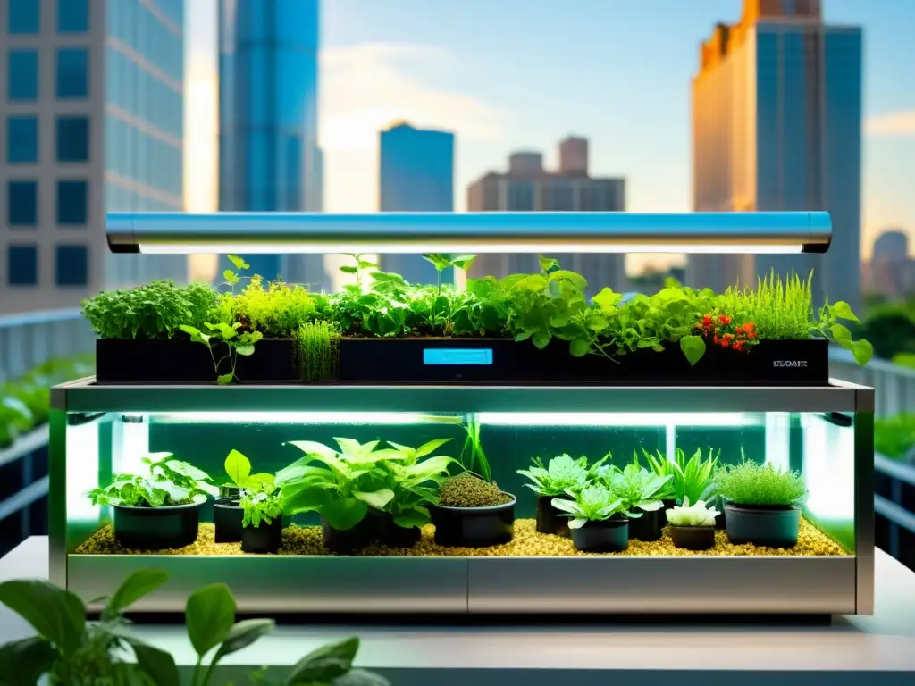 Acuaponía en agricultura urbana sostenible: Un sistema moderno con tanques transparentes, tuberías y vegetación, en contraste con la ciudad vibrante