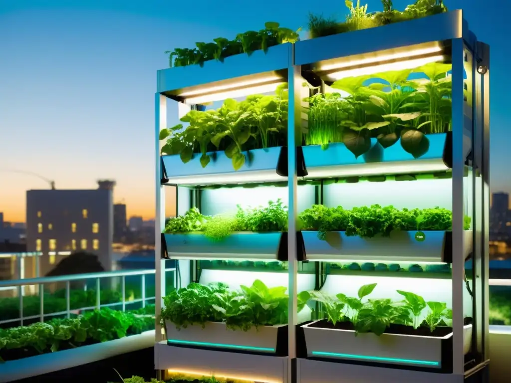 Acuaponía en la agricultura urbana: torres de cultivo verticales modernas y vibrantes, con verduras y peces, iluminadas por luz natural en la ciudad