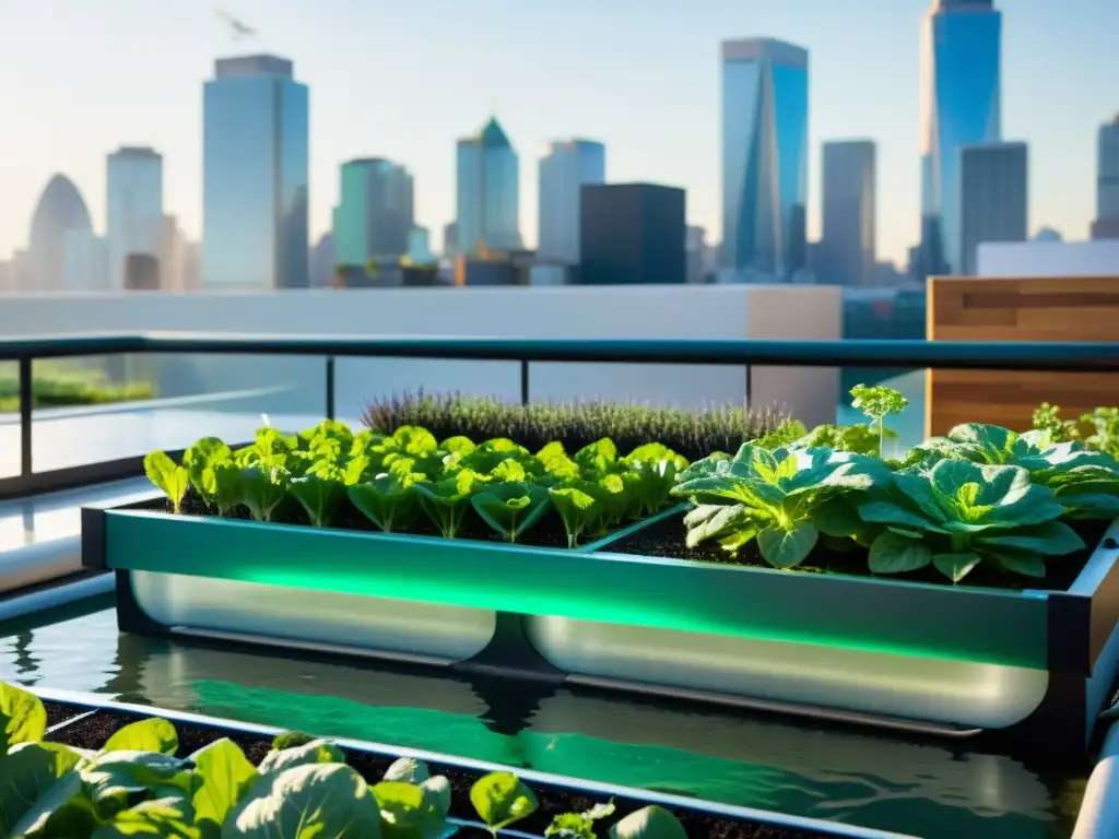 Acuaponía en agricultura urbana orgánica: Jardín de vegetales y hierbas en la azotea, con sistema acuapónico moderno integrado en el diseño urbano