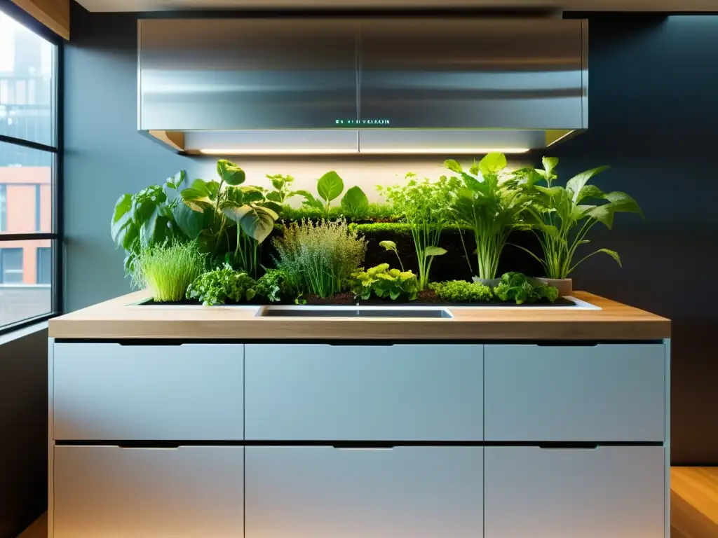 Acuaponía en apartamentos urbanos: Cocina moderna con sistema integrado y armonioso cultivo de hierbas, vegetales y peces vibrantemente coloridos