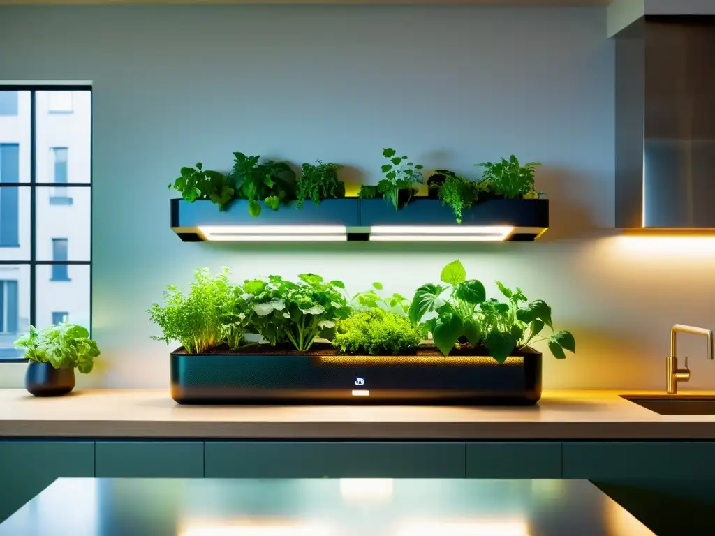 Acuaponía en apartamentos urbanos: sistema moderno en cocina integrada con plantas exuberantes y diseño minimalista