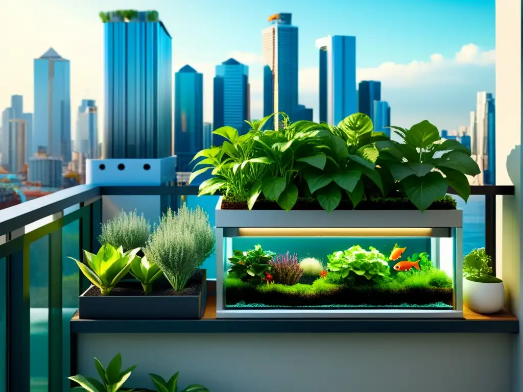 Acuaponía en balcones urbanos: un elegante sistema integrado en un moderno balcón con exuberante vegetación y vista a la ciudad