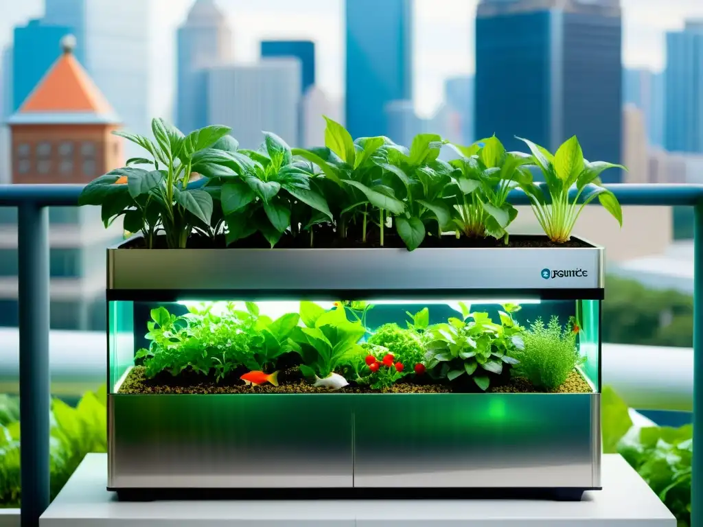 Balcones urbanos: Sistema acuapónico moderno Acuaponía en balcones urbanos: sistema moderno con plantas verdes exuberantes, peces y diseño urbano al fondo