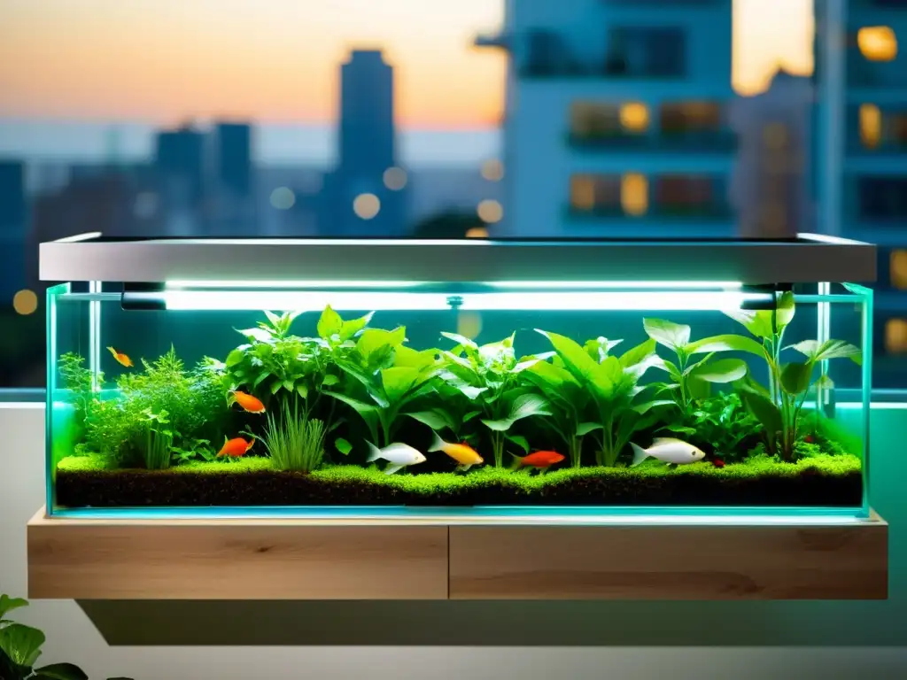 Acuaponía en balcones urbanos: sistema moderno con plantas exuberantes y peces vibrantes en un entorno contemporáneo lleno de armonía y luz