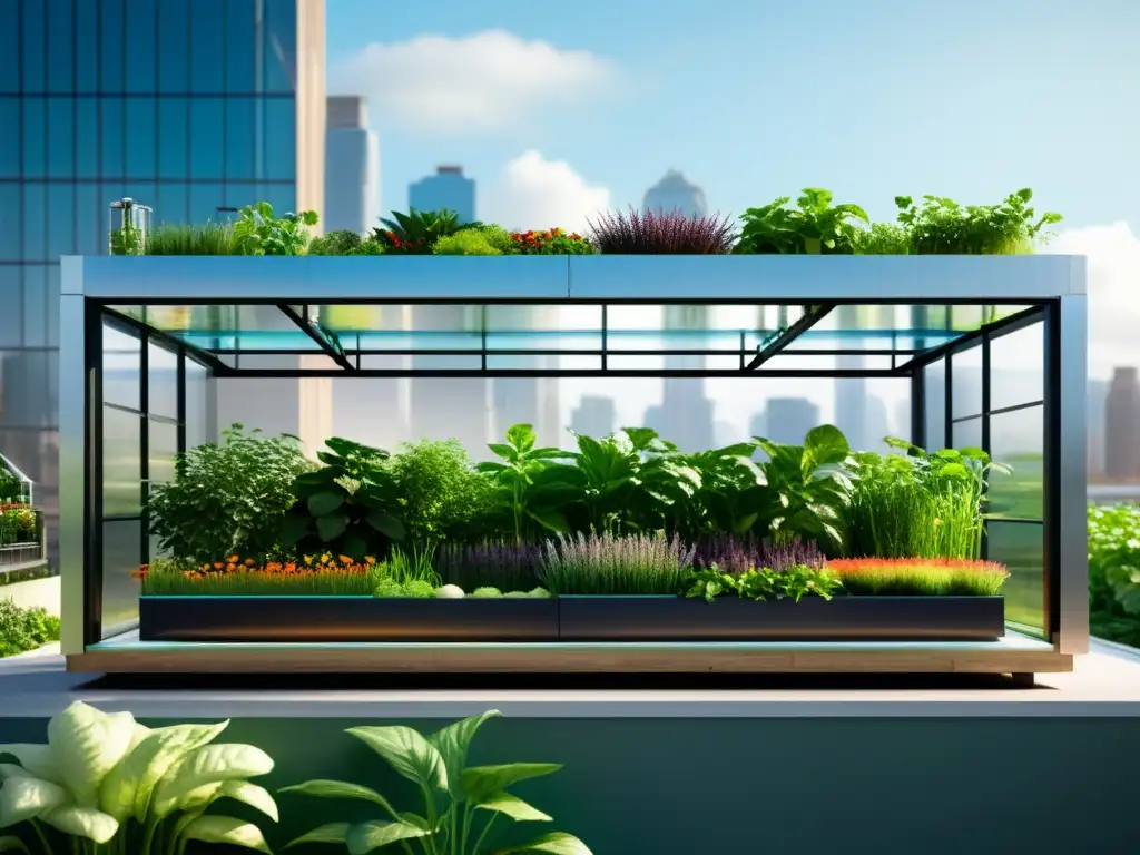 Innovador invernadero urbano con sistema de acuaponía Acuaponía en climas fríos urbanos: Invernadero urbano moderno con sistema acuapónico de vanguardia y exuberante vegetación