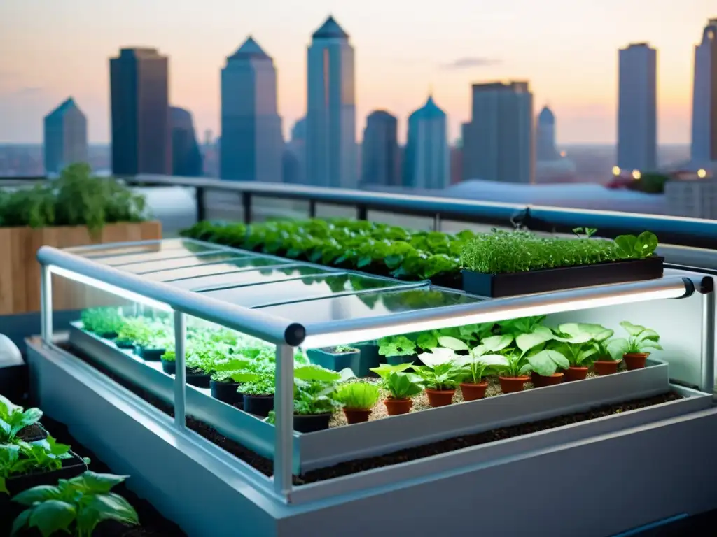 Acuaponía en climas fríos urbanos: Invernadero moderno con sistema acuapónico sofisticado y vegetación exuberante, frente al horizonte urbano