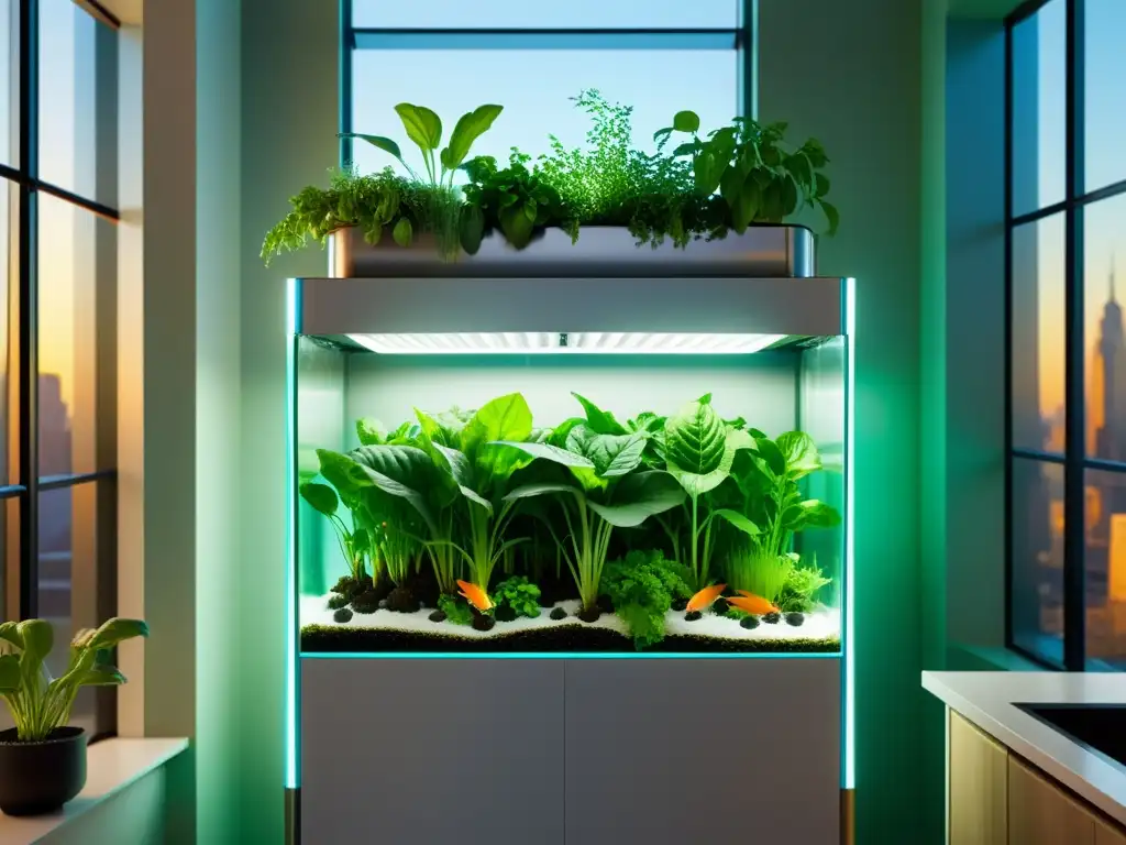 Acuaponía en espacios reducidos: sistema vertical integrado en un hogar urbano con plantas verdes y peces coloridos